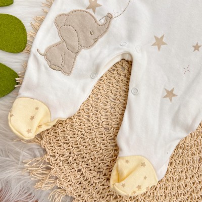 Macacão Malha Trape Zape - Elefantinhos e Estrelinhas - Amarelo e Off White